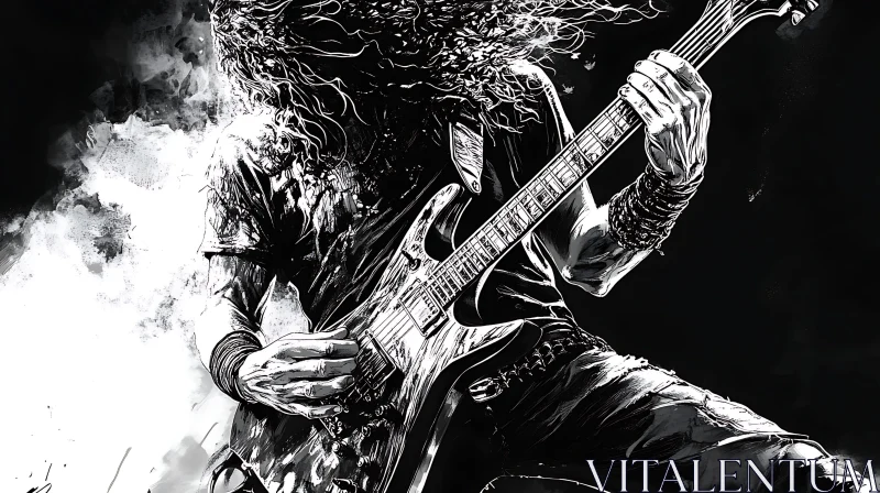 High-Energy Rock Guitarist Black and White Art AI Image