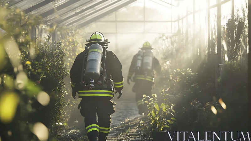 AI ART Emergency Rescue: Firefighters in Smoke-Filled Greenhouse