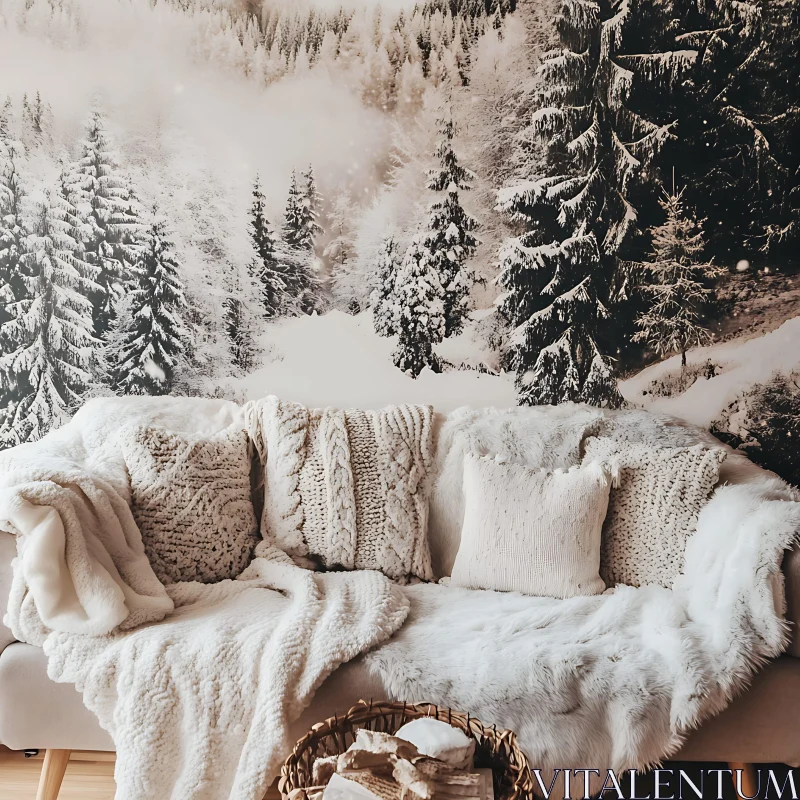 Winter Interior with Snowy Forest Backdrop AI Image