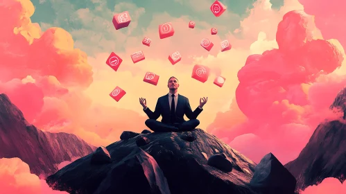 Meditative Businessman on Mountain Peak