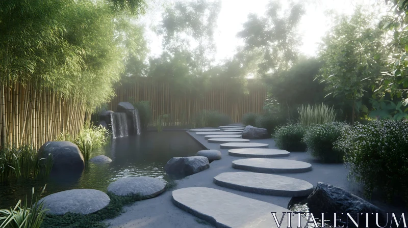 Peaceful Garden with Water Feature AI Image