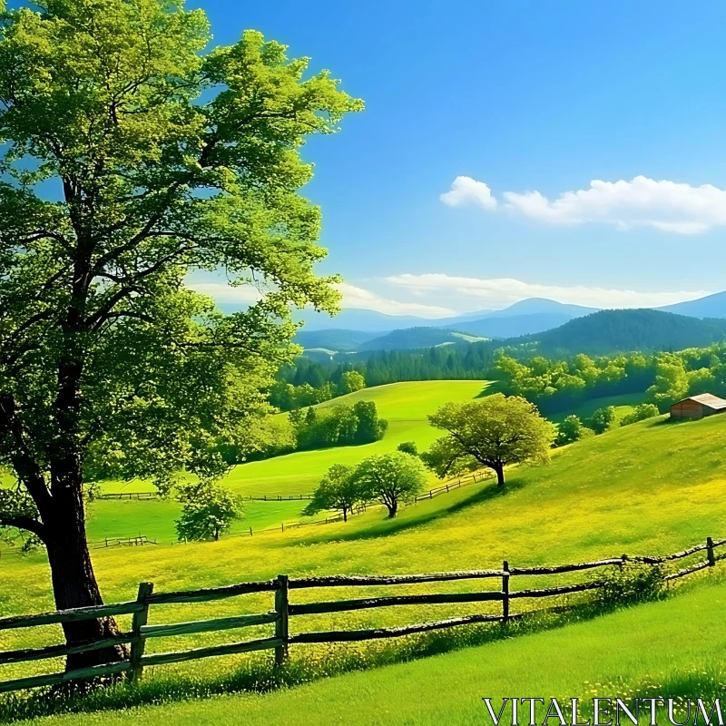 Idyllic Meadow Scene with Rolling Hills AI Image