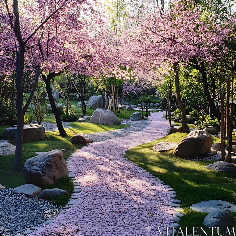 Pink Petal Path Through the Park AI Image