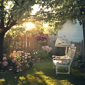 Sunlit Garden with White Bench and Flowers