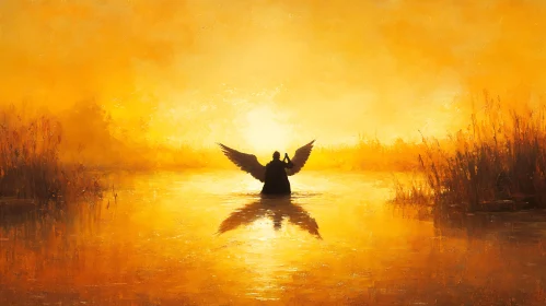 Winged Figure in Water at Sunset
