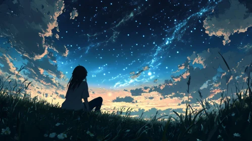 Anime Girl Contemplating Starry Night