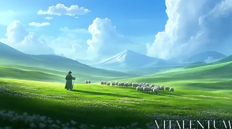 Shepherd and Sheep in Green Field AI Image