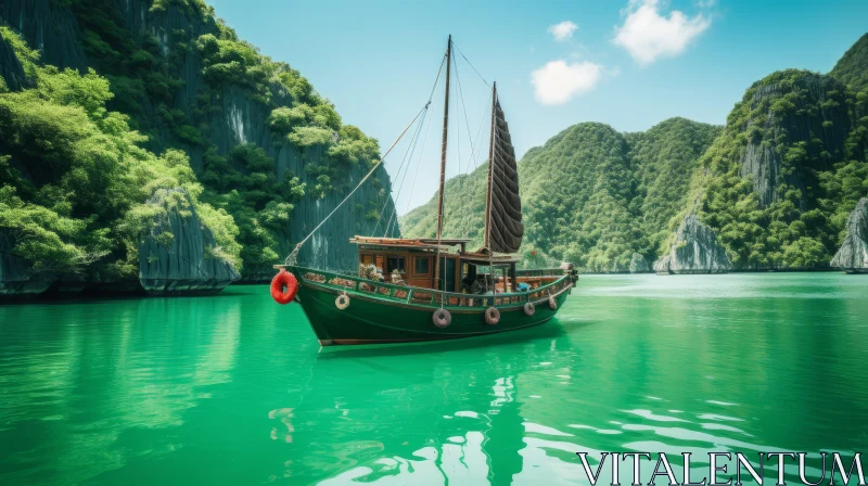 Boat on Turquoise Water in Front of Mountains - Traditional Vietnamese Style AI Image