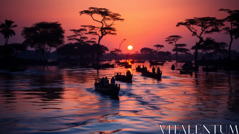 Captivating River Sunrise: A Serene Scene Inspired by Traditional Arts AI Image