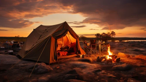 Captivating Scene: Tent under Campfire in a Desert | Orange and Beige Tones