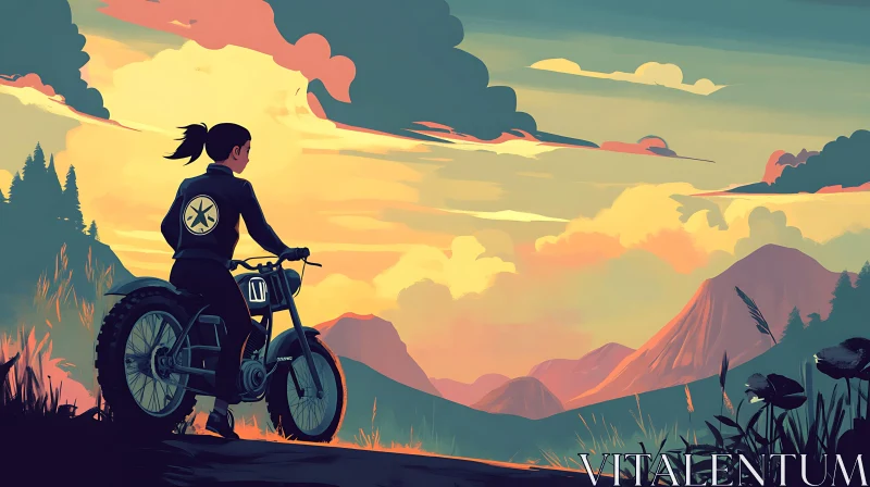 AI ART Woman on Motorcycle at Sunset