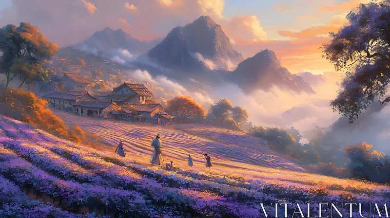 Tranquil Village Scene with Lavender Field AI Image