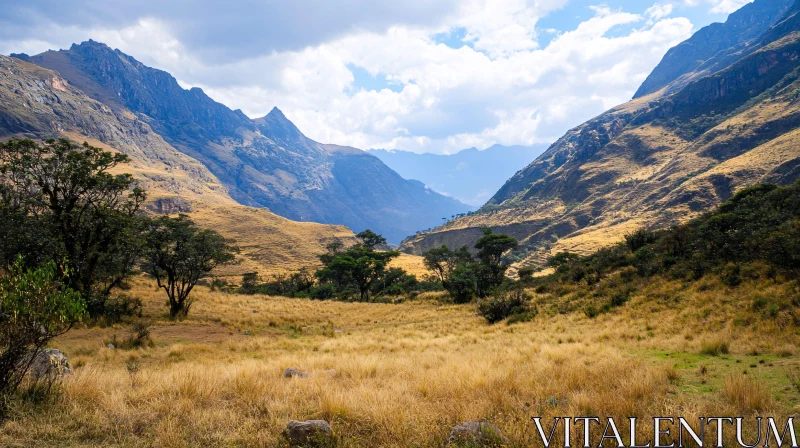 Golden Grassland and Mountain View AI Image