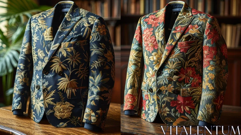 Elegant Dark Blue Suit Jacket with Floral Pattern AI Image