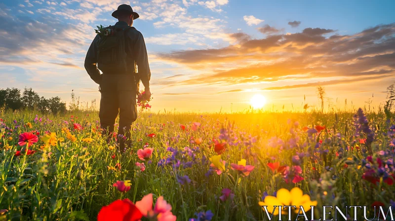 AI ART Man Walking in Flower Field at Sunset