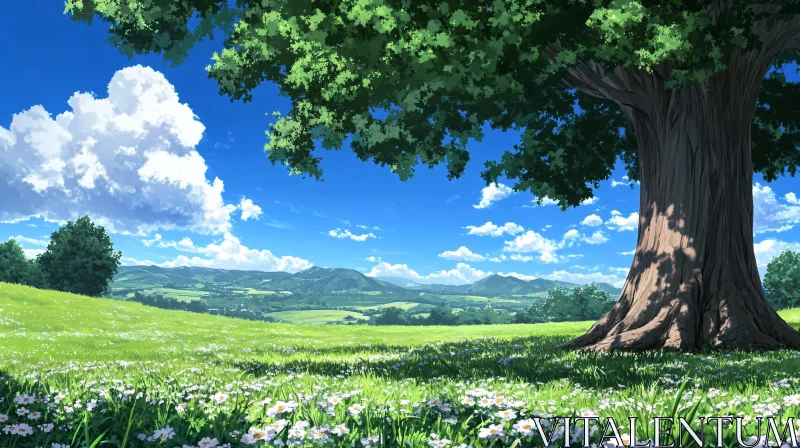 AI ART Scenic Field with Tree and Flowers