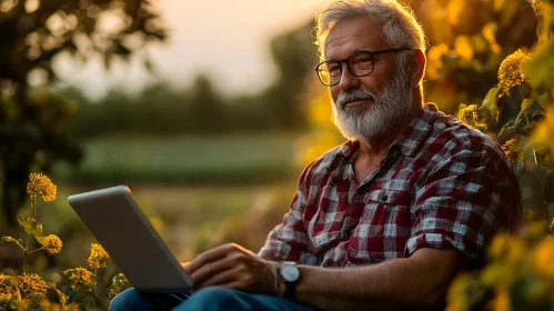 Elderly Man Using Laptop in Field