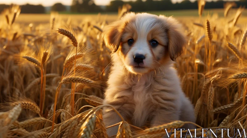 Golden Hour Serenity: Puppy in Wheat Field at Sunset AI Image