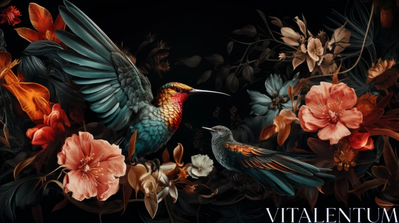 Hummingbird and Flowers: A Detailed Mural in Cyan and Amber AI Image