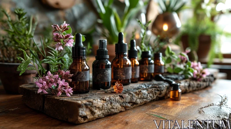 AI ART Tranquil Still Life: Essential Oil Bottles on Wooden Table