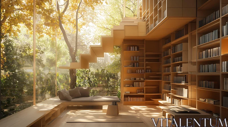 AI ART Indoor Library with Nature View