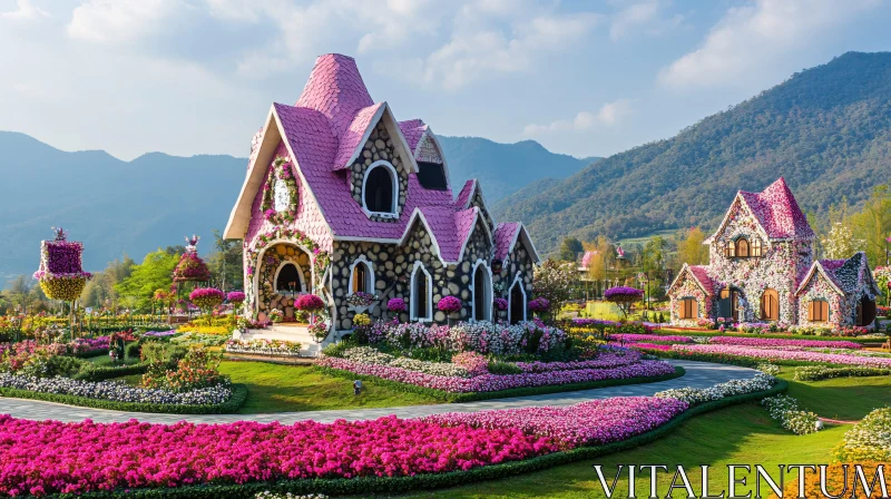 Pink Roof House Surrounded by Flowers AI Image