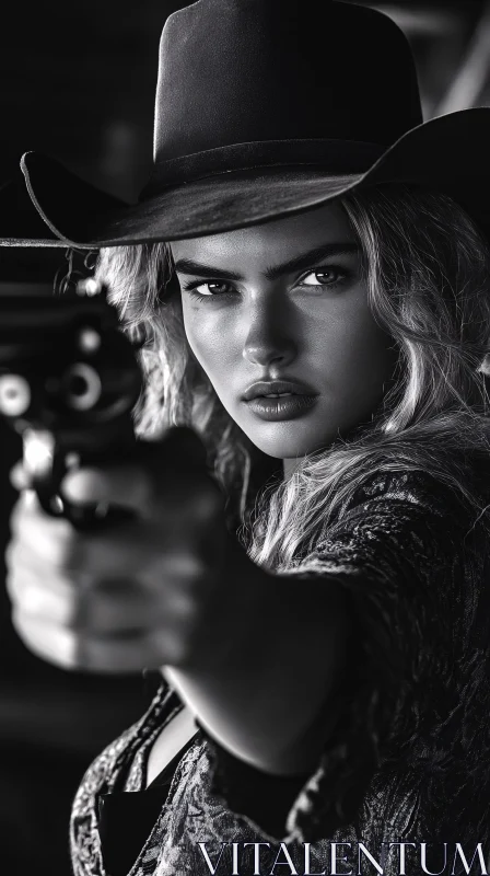 Monochrome Portrait of Woman with Revolver AI Image