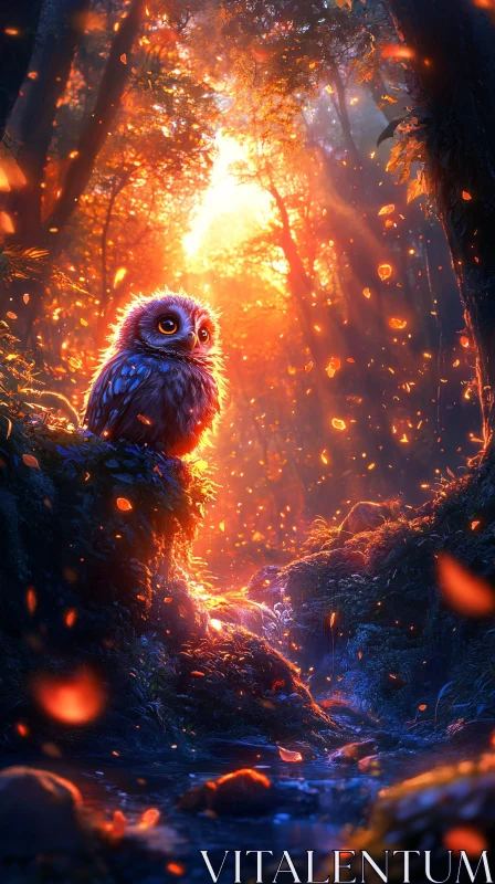 AI ART Fairy Tale Owl at Sunset in Forest