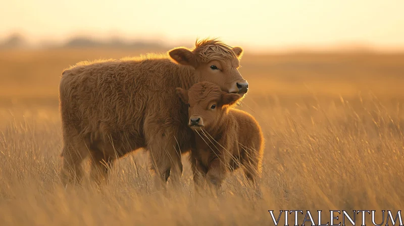 Highland Cow Family in Meadow AI Image