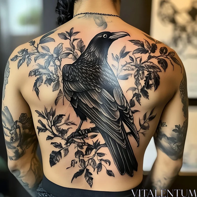 Black Ink Raven Tattoo Covering Full Back AI Image