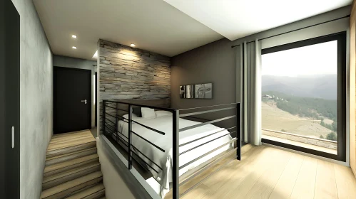 Modern Interior Bedroom with Mountain View