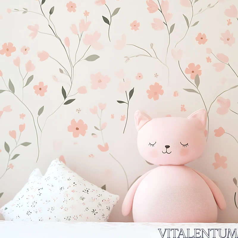 AI ART Pink Cat Doll and Floral Wallpaper Still Life