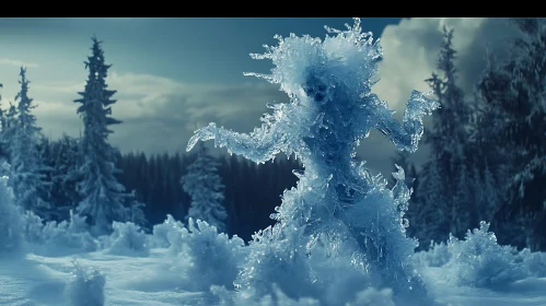 Ice Sculpture in Snowy Forest