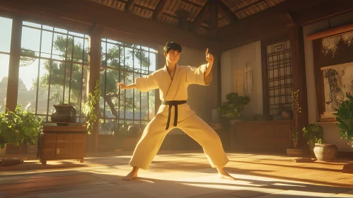 Man Practicing Karate in Traditional Dojo