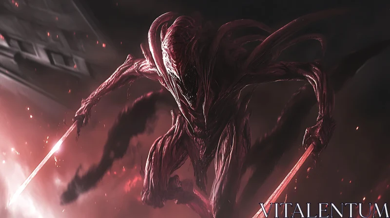 AI ART Crimson Alien with Glowing Blades