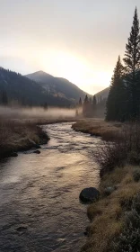 Peaceful River Landscape With Fog and Sunrise