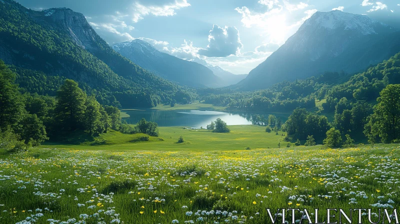 AI ART Scenic Valley View: Lake and Mountain Meadow