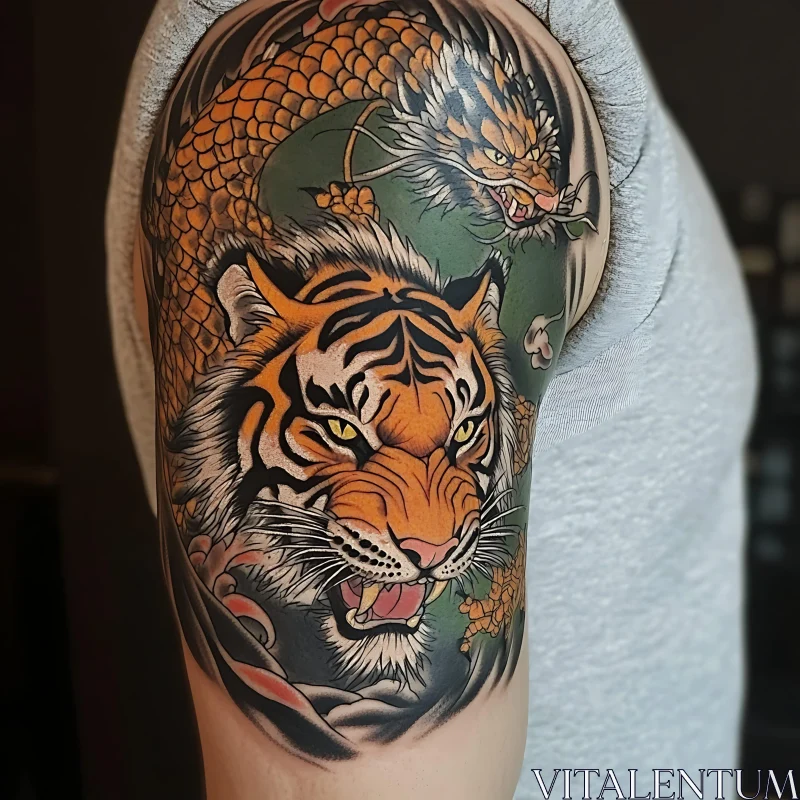 Fierce Tiger and Dragon Arm Tattoo AI Image