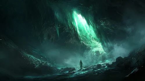 Mystic Cave with Figure and Green Light