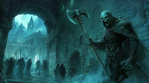 Axe-Wielding Skeleton in a Dark Fantasy City