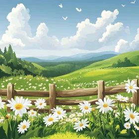 Summer Meadow with Daisies and Hills