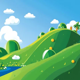 Cartoon Green Hills Under Blue Sky