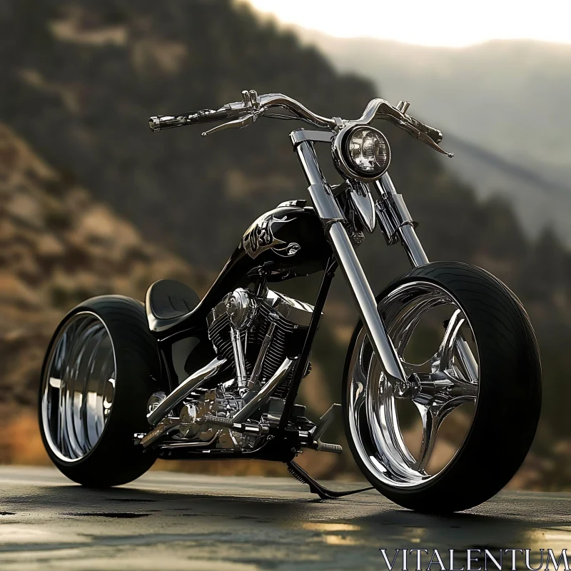 Black Motorcycle with Mountain View AI Image