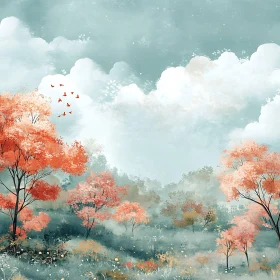 Peaceful Autumn Landscape with Birds