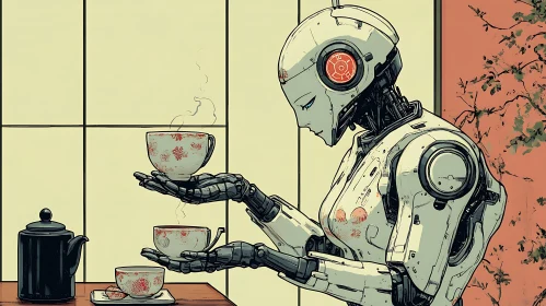 Futuristic Robot in a Japanese Tea Setting