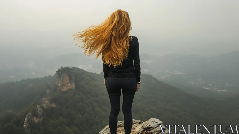 Red-haired Woman Overlooking Mountain Landscape AI Image