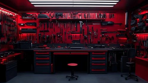 Symmetrical Tool Workshop with Red Accents