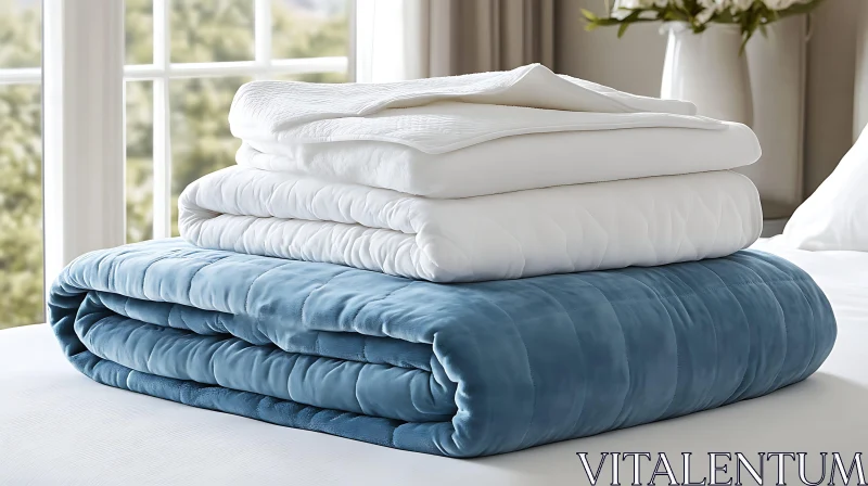 Cozy Blankets Pile: Blue Velvet and White Linens AI Image