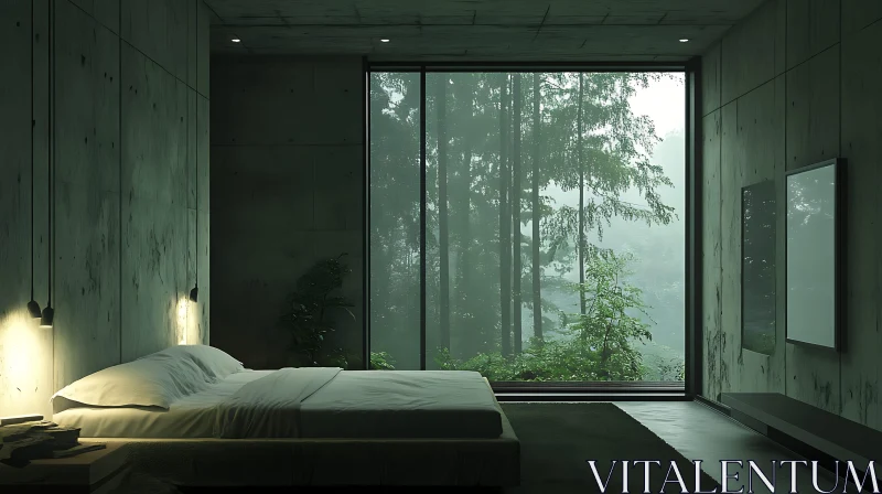 AI ART Minimalist Bedroom with Forest Outlook