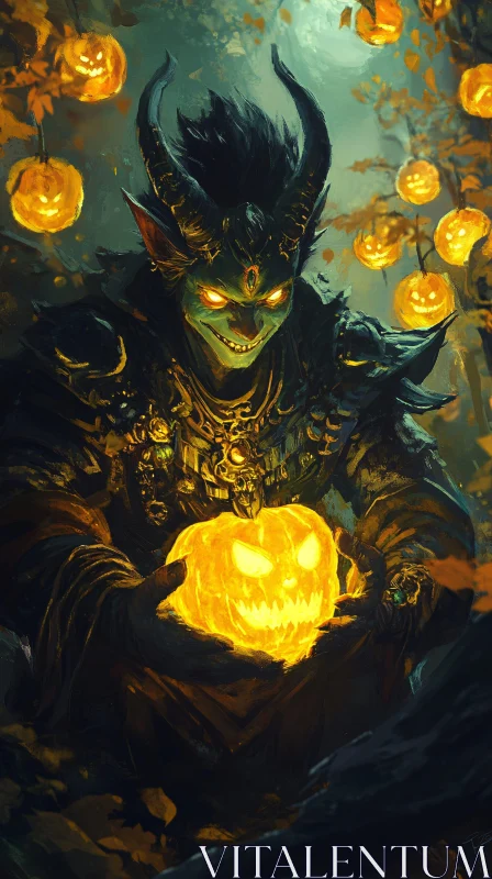 AI ART Horned Demon with Glowing Pumpkin